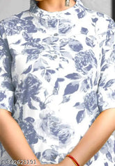 Grey digital printed cotton blend half-sleeve collared kurti for women & girls. Perfect fit and comfortable design ideal for casual or office wear